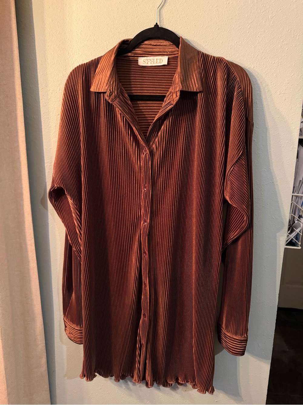 Styled for Rocio Copper Pleated Satin Button Front Tunic Blouse S/M
